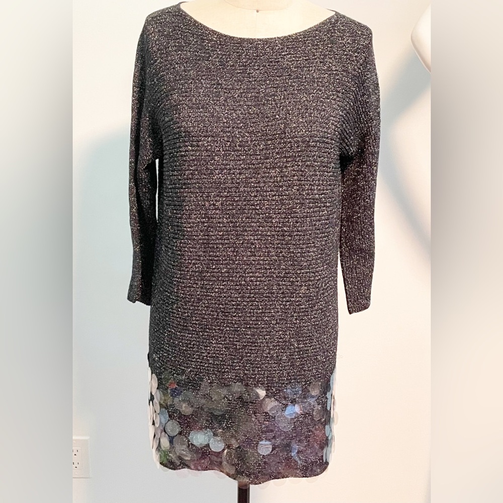 Gran Sasso, made in Italy. Black metallic pullover. Clear sequin embellishment.